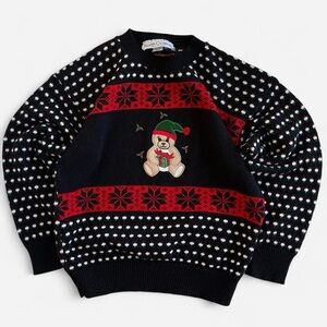 Vintage Kate Collins Black Embroidered Christmas Teddy Bear Snowflakes Sweater